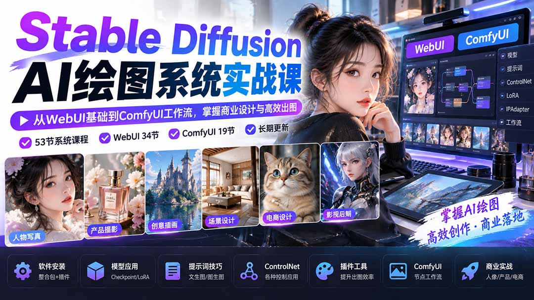 【无水印】Stable Diffusion AI绘图系统实战课:从WebUI基础到ComfyUI工作流,掌握商业设计与高效出图-旺仔资源库