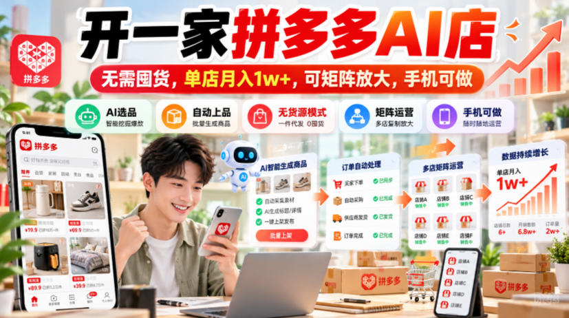开一家拼多多AI店,无需囤货,单店月入1w+,可矩阵放大,手机可做【揭秘】-旺仔资源库
