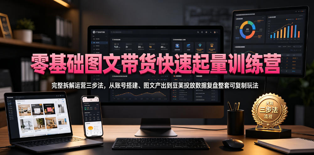 零基础图文带货快速起量训练营,完整拆解运营三步法,从账号搭建、图文产出到豆荚投放数据复盘整套可复制玩法-旺仔资源库