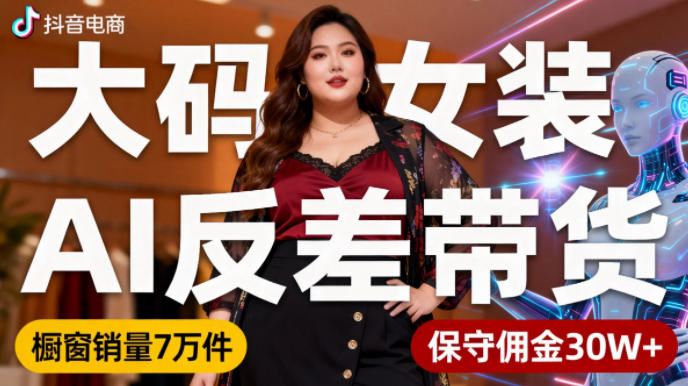抖音小众赛道，大码女装AI反差带货，不用直播，每天6条作品，橱窗卖7万件，保守佣金30W+-旺仔资源库