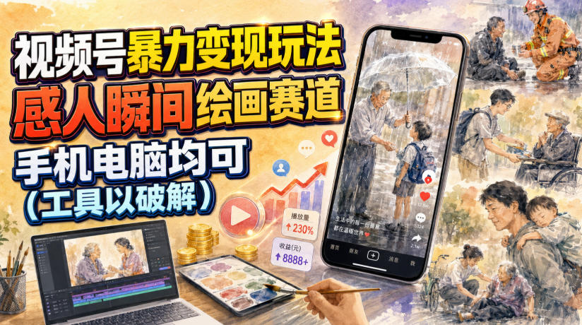 视频号暴力变现玩法,感人瞬间绘画赛道,手机电脑均可-旺仔资源库