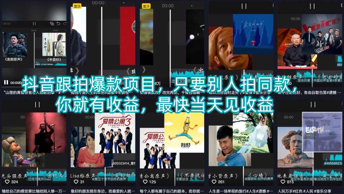 抖音跟拍爆款项目，只要别人拍同款，你就有收益，最快当天见收益-旺仔资源库