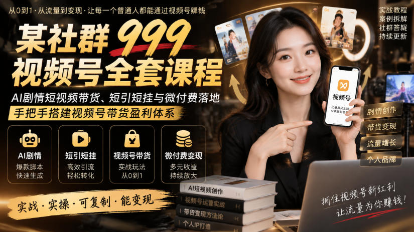 某社群999视频号全套课程,AI剧情短视频带货、短引短挂与微付费落地,手把手搭建视频号带货盈利体系-旺仔资源库