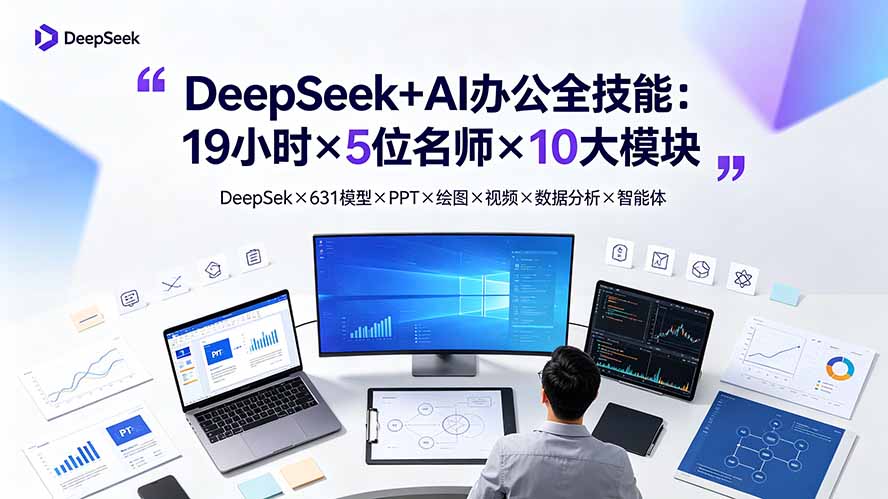 DeepSeek+AI办公全技能:19小时×5位名师×10大模块,DeepSeek×631模型×PPT×绘图×视频×数据分析×智能体-旺仔资源库