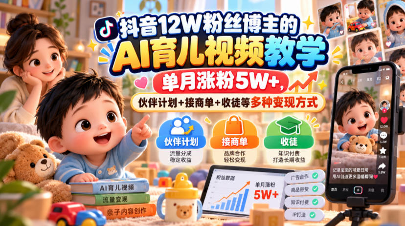 抖音12W粉丝博主的AI育儿视频教学,单月涨粉5W+,伙伴计划+接商单+收徒等多种变现方式-旺仔资源库
