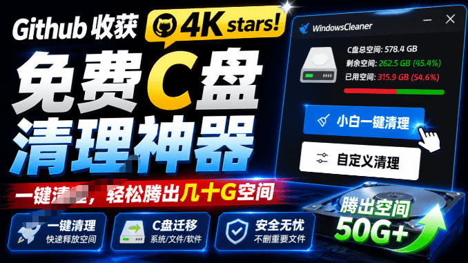 Github收获4K stars!免费C盘清理神器,轻松腾出几十G空间,支持C盘迁移Windows Cleaner-旺仔资源库