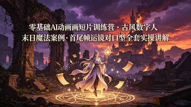 零基础AI动画短片训练营，古风数字人末日魔法案例，首尾帧运镜对口型全套实操讲解-旺仔资源库