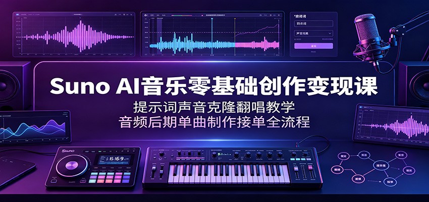 Suno AI音乐零基础创作变现课:提示词声音克隆翻唱教学,音频后期单曲制作接单全流程-旺仔资源库