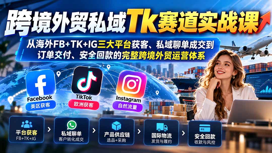 跨境外贸私域Tk赛道实战课:从海外FB+TK+IG三大平台获客、私域聊单成交到订单交付、安全回款的完整跨境外贸运营体系-旺仔资源库