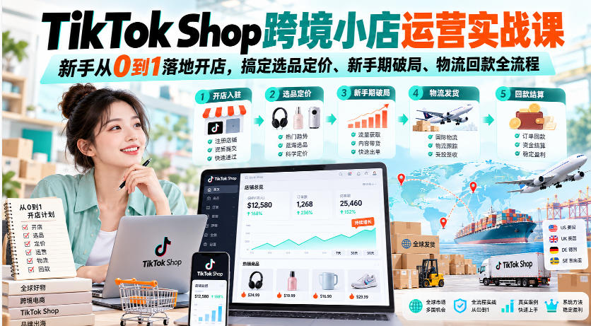 TikTok Shop跨境小店运营实战课,新手从0到1落地开店,搞定选品定价、新手期破局、物流回款全流程-旺仔资源库