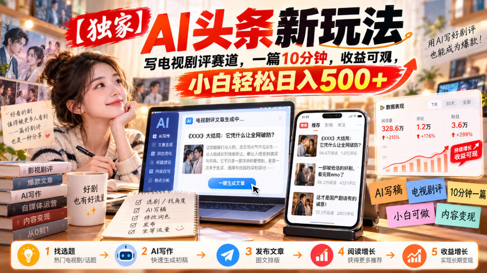 【独家】AI头条新玩法,写电视剧评赛道,一篇10分钟,收益可观,小白轻松日入500+-旺仔资源库