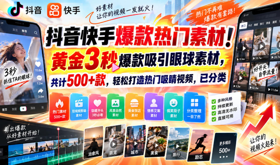 抖音快手爆款热门素材！黄金3秒爆款吸引眼球素材，共计500+款，轻松打造热门吸睛视频，已分类-旺仔资源库