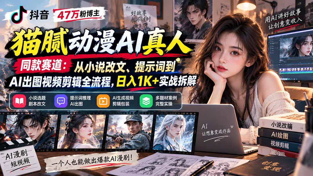 抖音47万粉博主猫腻动漫AI真人同款赛道:从小说改文、提示词到AI出图视频剪辑全流程,日入1K+实战拆解-旺仔资源库