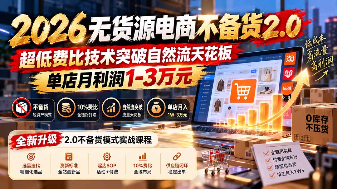 2026无货源电商不备货2.0【更新1010】:超低费比技术突破自然流天花板,单店月利润1-3万元-旺仔资源库