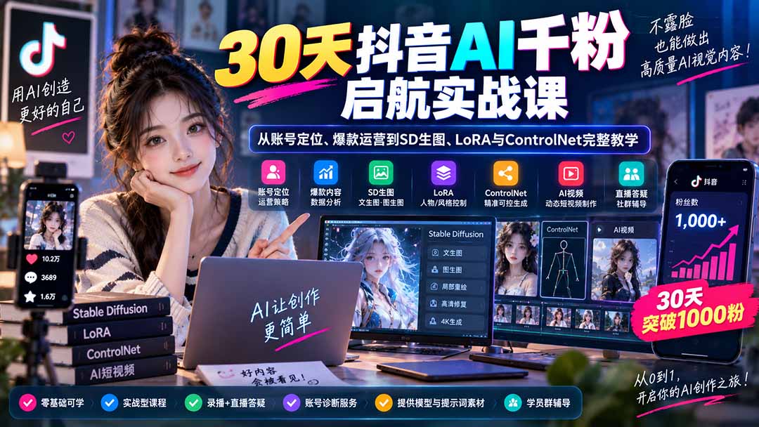 30天抖音AI千粉启航实战课:从账号定位、爆款运营到SD生图、LoRA与ControlNet完整教学-旺仔资源库