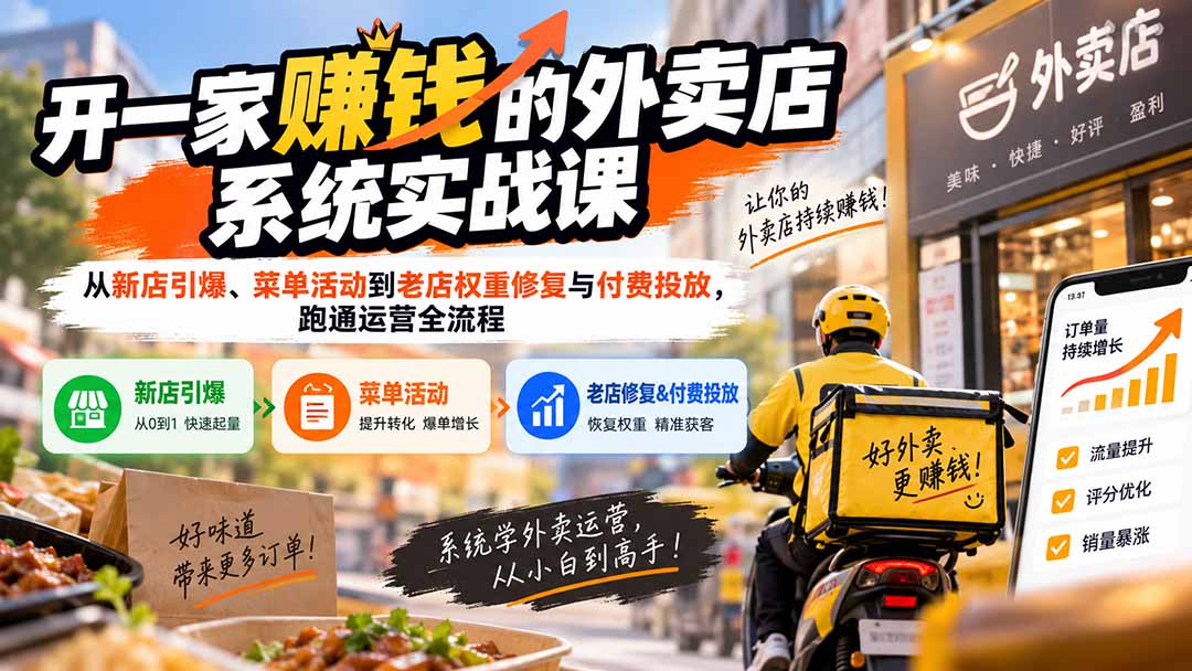 开一家赚钱的外卖店系统实战课:从新店引爆、菜单活动到老店权重修复与付费投放,跑通运营全流程-旺仔资源库