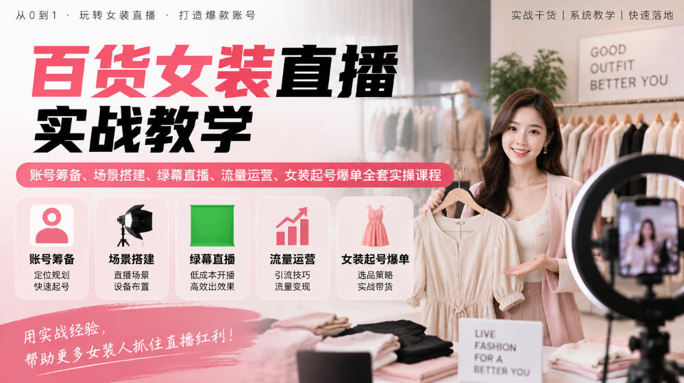 百货女装直播实战教学|账号筹备、场景搭建、绿幕直播、流量运营、女装起号爆单全套实操课程-旺仔资源库