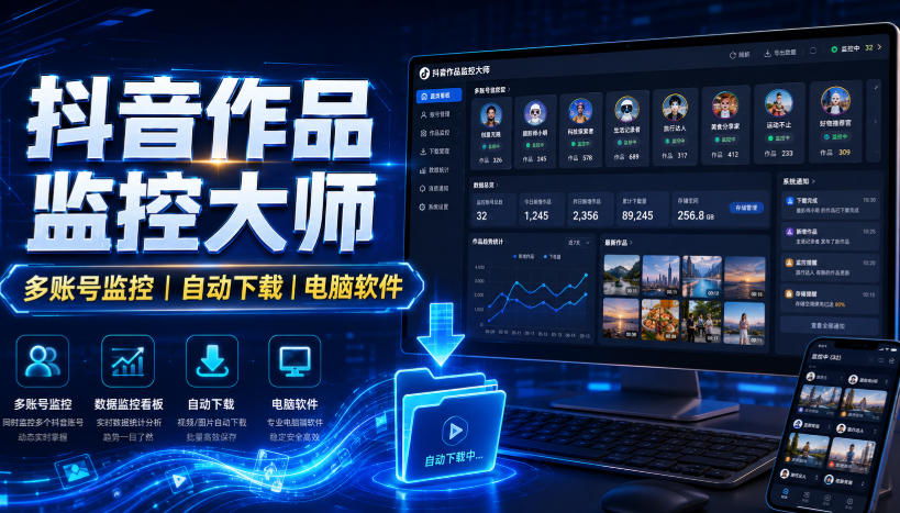 抖音作品监控大师，多账号监控丨自动下载丨电脑软件-旺仔资源库