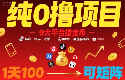 纯0撸项目，9大平台撸金币，抖音，快手，汽水，番茄畅听等，1天100，可矩阵-旺仔资源库