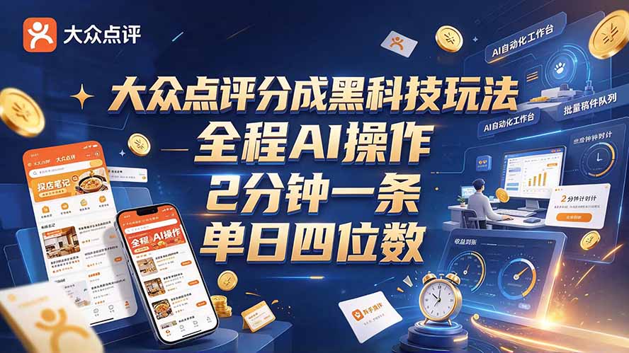 大众点评分成全网独家玩法，AI 全自动出内容，2 分钟一条，小白可冲单日四位数-旺仔资源库