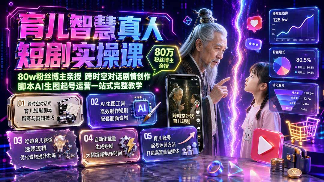 育儿智慧真人短剧实操课｜80w粉丝博主亲授，跨时空对话剧情创作，脚本AI生图起号运营一站式完整教学-旺仔资源库