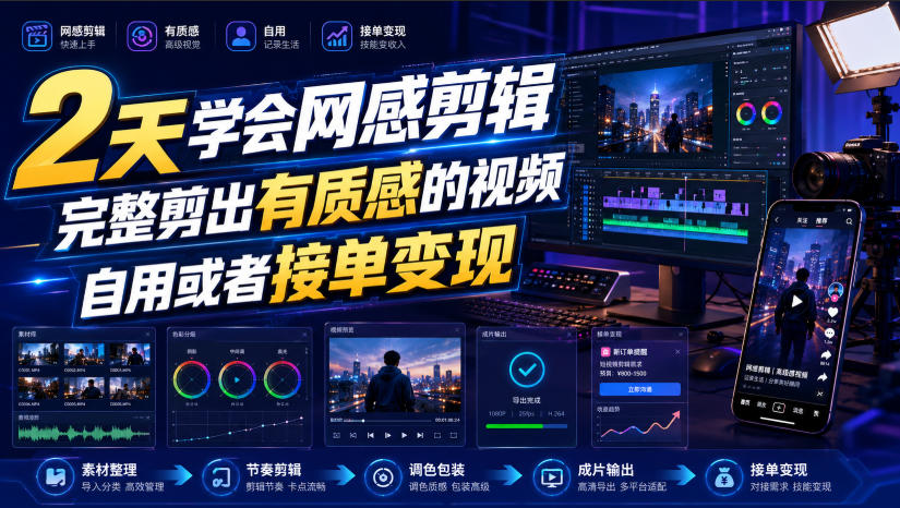 2天学会网感剪辑,完整剪出有质感的视频,自用或者接单变现-旺仔资源库