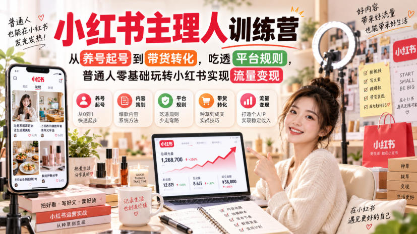 小红书主理人训练营，从养号起号到带货转化，吃透平台规则，普通人零基础玩转小红书实现流量变现-旺仔资源库