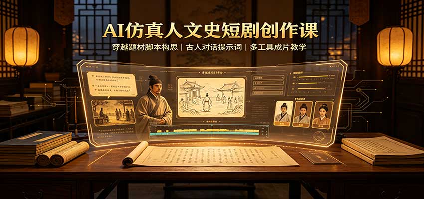 AI仿真人文史短剧创作课:穿越题材脚本构思,古人对话提示词,多工具成片教学-旺仔资源库