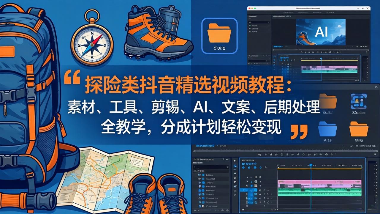 探险类抖音精选视频教程：素材、工具、剪辑、AI、文案、后期处理全教学，分成计划轻松变现-旺仔资源库