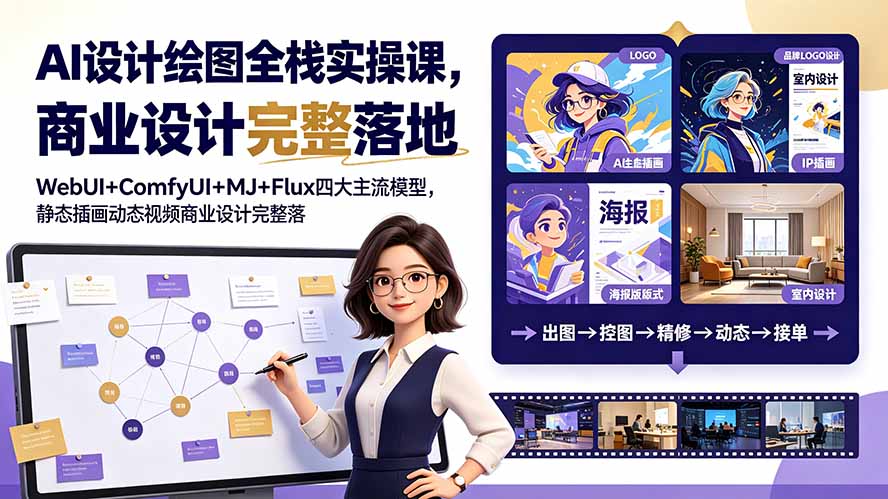 AI设计绘图全栈实操课，WebUI+ComfyUI+MJ+Flux四大主流模型，静态插画动态视频商业设计完整落地教程-旺仔资源库