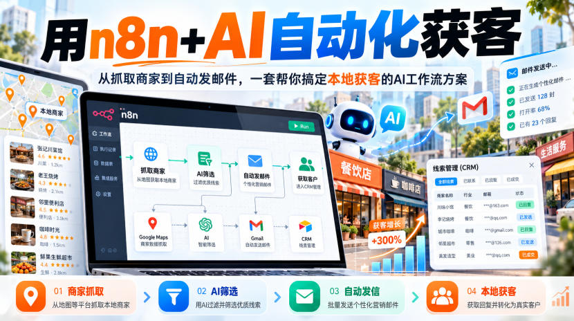 【无水印】用n8n+AI自动化获客，从抓取商家到自动发邮件，一套帮你搞定本地获客的AI工作流方案【原创双语字幕】-旺仔资源库