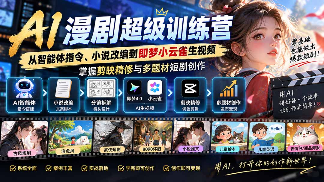 AI漫剧超级特训营：从智能体指令、小说改编到即梦小云雀生视频，掌握剪映精修与多题材短剧创作-旺仔资源库