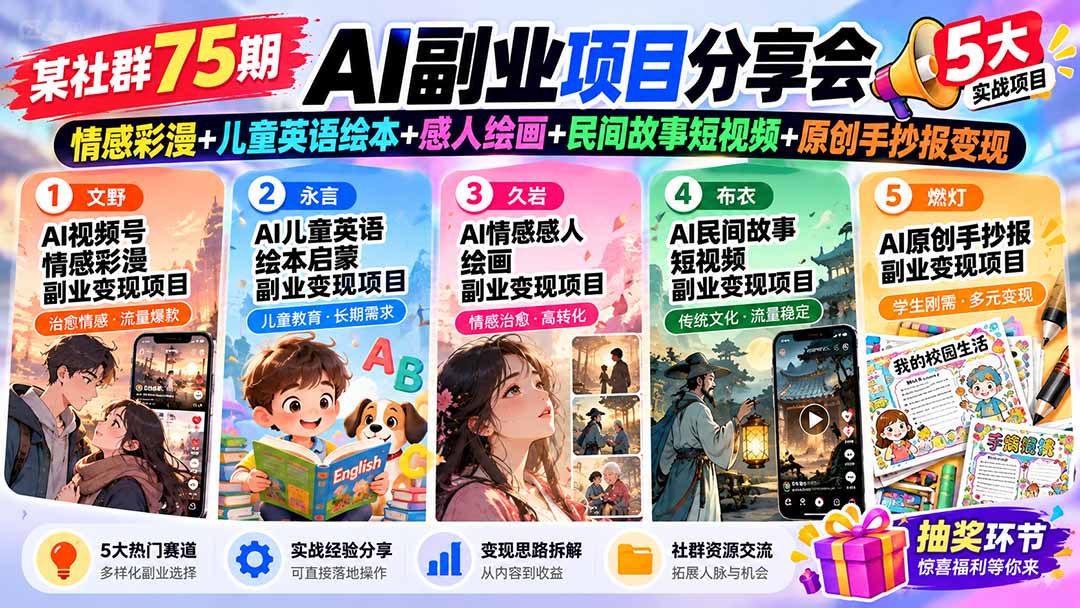 某社群75期AI副业项目分享会：情感彩漫+儿童英语绘本+感人绘画+民间故事短视频+原创手抄报变现-旺仔资源库