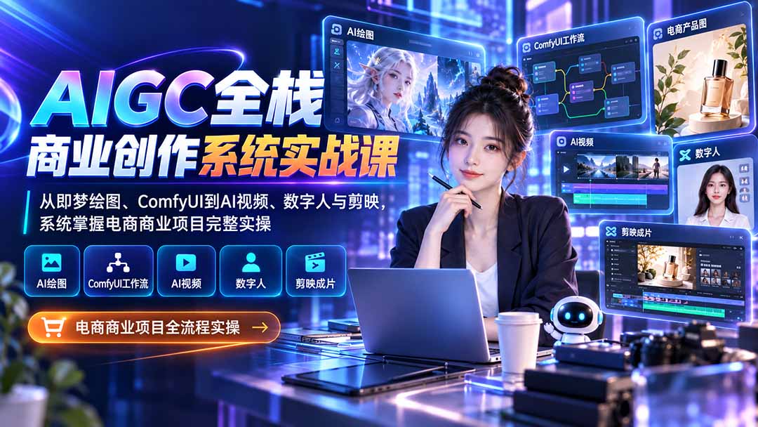 AIGC全栈商业创作系统实战课-无水印:从即梦绘图、ComfyUI到AI视频、数字人与剪映,系统掌握电商商业项目完整实操-旺仔资源库