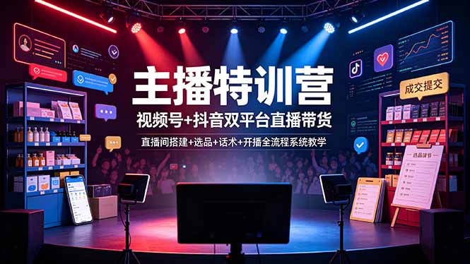 主播特训营:视频号+抖音双平台直播带货,直播间搭建+选品+话术+开播全流程系统教学-旺仔资源库