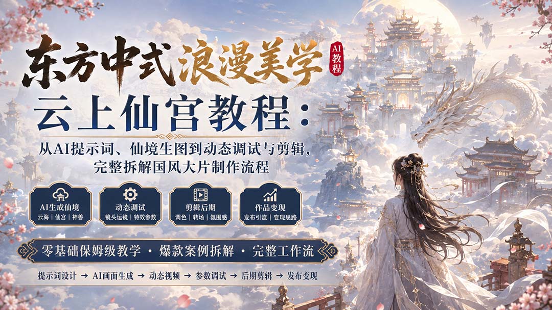 东方中式浪漫美学云上仙宫教程：从AI提示词、仙境生图到动态调试与剪辑，完整拆解国风大片制作流程-旺仔资源库