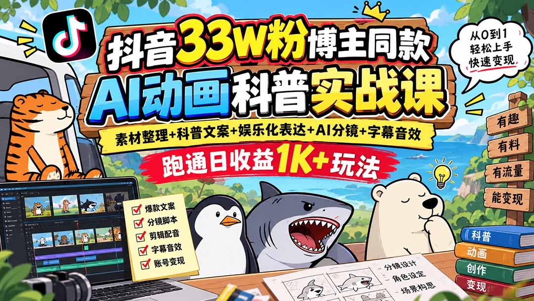 抖音33W粉博主同款AI动画科普实战课|素材整理+科普文案+娱乐化表达+AI分镜+字幕音效,跑通日收益1K+玩法-旺仔资源库