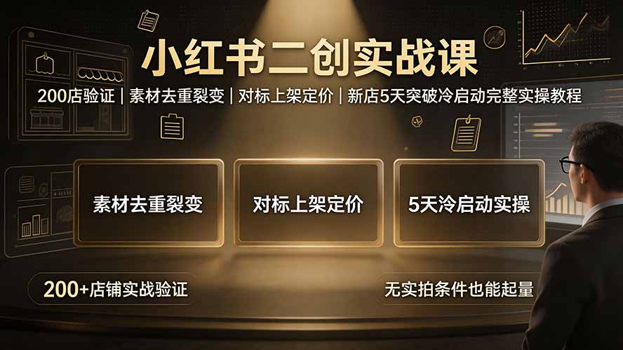 小红书二创实战课:200店验证|素材去重裂变|对标上架定价|新店5天突破冷启动完整实操教程-旺仔资源库
