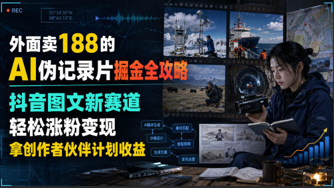 外面卖188的AI伪记录片掘金全攻略,抖音图文新赛道,轻松涨粉变现,拿创作者伙伴计划收益【文档】-旺仔资源库