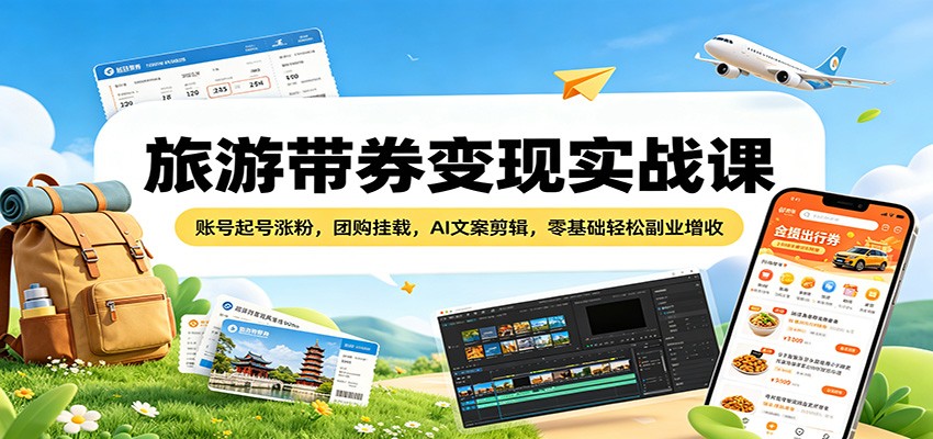 旅游带券变现实战课：账号起号涨粉，团购挂载，AI文案剪辑，零基础轻松副业增收-旺仔资源库