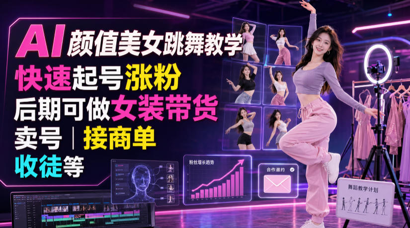 AI颜值美女跳舞教学,快速起号涨粉,后期可做女装带货,卖号,接商单,收徒等-旺仔资源库