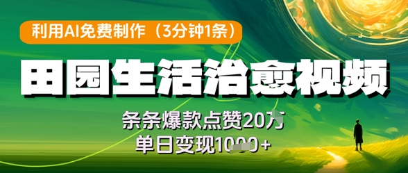 利用AI免费制作田园生活治愈视频，条条爆款点赞20W，单日变现几张-旺仔资源库