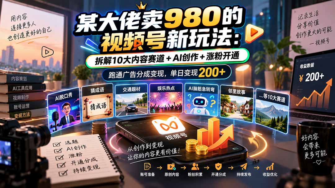 某大佬卖980的视频号新玩法:拆解10大内容赛道+AI创作+涨粉开通,跑通广告分成变现,单日变现200+-旺仔资源库