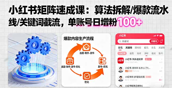 小红书矩阵起号速成课：算法拆解/爆款流水线/关键词截流 单账号日增粉100+-旺仔资源库