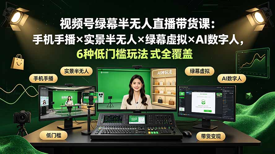 视频号绿幕半无人直播带货课:手机手播×实景半无人×绿幕虚拟×AI数字人,6种低门槛玩法全覆盖-旺仔资源库