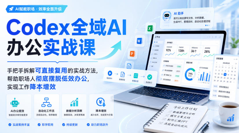 Codex全域AI办公实战课,手把手拆解可直接复用的实战方法,帮助职场人彻底摆脱低效办公,实现工作降本增效-旺仔资源库