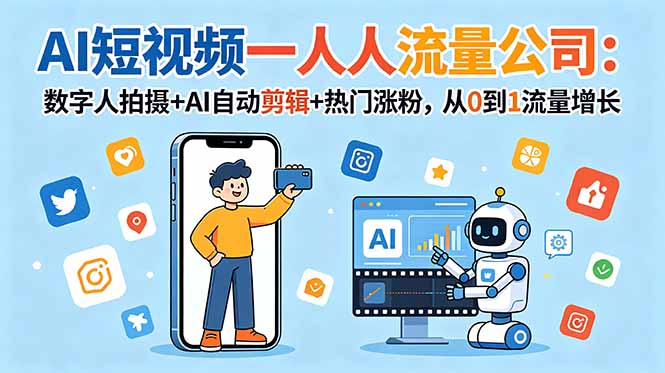 AI短视频一人流量公司:数字人拍摄+AI自动剪辑+热门涨粉,从0到1流量增长-旺仔资源库