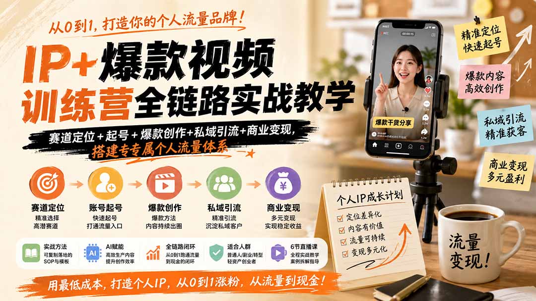 IP+爆款视频训练营全链路实战教学;赛道定位+起号+爆款创作+私域引流+商业变现,搭建专属个人流量体系-旺仔资源库