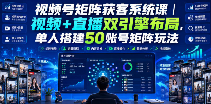 视频号矩阵获客系统课|视频+直播双引擎布局,单人搭建50账号矩阵玩法,流量入池、搜索占位、全域引流沉淀私域全流程教学-旺仔资源库