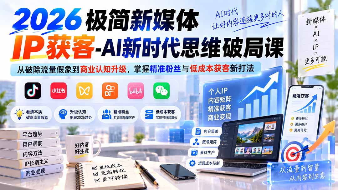 2026极简新媒体IP获客-AI新时代思维破局课：从破除流量假象到商业认知升级，掌握精准粉丝与低成本获客新打法-旺仔资源库